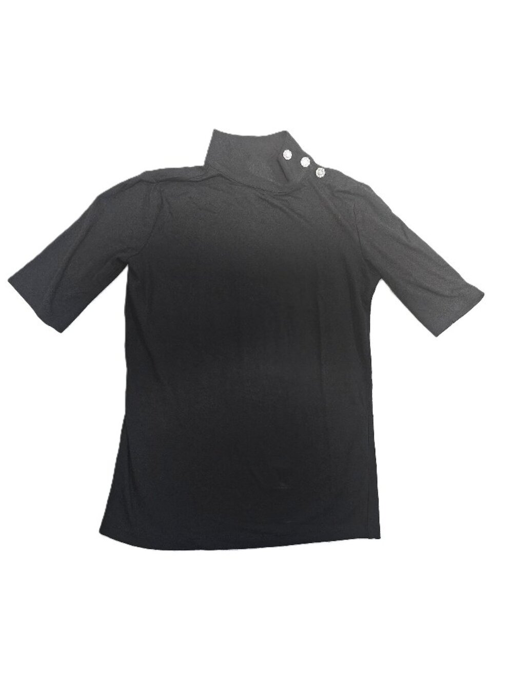 Talbots Petite Small Black Short-Sleeve Mock-Neck Top With Button Shoulder